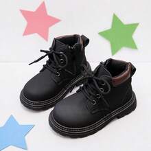 1 Pair Girls' Black Contrast Color Lace-Up Ankle Boots, Suitable For Autumn/Winter Daily School And Outing Wear - Black - View 1