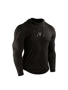 Men's Sports Hoodie Sweatshirt, Printed Long Sleeve Drawstring Hooded Top For Outdoor Fitness, Running, Training And Casual Wear - Black - View 4