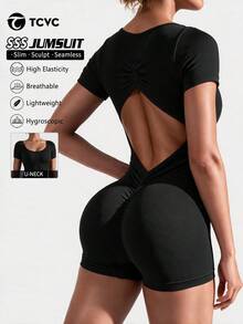 TCVC Women's Backless Short Sleeve Jumpsuit, Sexy Open Back Seamless Knitted , Comfortable Fabric For Indoor & Outdoor Sports, Yoga, Slimming Fit Shapewear Jumpsuit Black Summer - Black - View 1