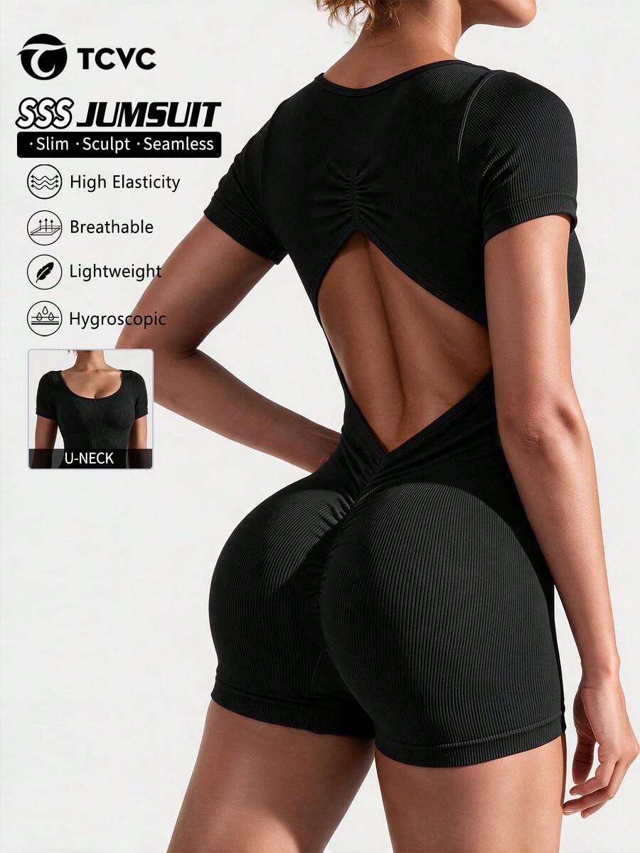 TCVC Women's Backless Short Sleeve Jumpsuit, Sexy Open Back Seamless Knitted , Comfortable Fabric For Indoor & Outdoor Sports, Yoga, Slimming Fit Shapewear Jumpsuit Black Summer - Black - View 1
