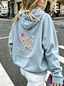 Oversized Women's Sweatshirt For Autumn/Winter, Long-Sleeve Hoodie With Pockets, Casual Top, Y2K Style, Daily Letter Graphic Print, Unisex, Streetwear - Light Blue - View 1
