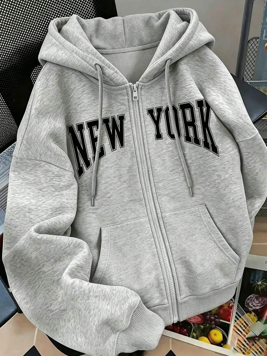 Men's Autumn/Winter Fashion Casual Versatile "NEW YORK" Print Pocket Drawstring Loose Drop Shoulder Zip-Up Hooded Sweatshirt, Suitable For Daily Commute And Dating - Grey - View 1