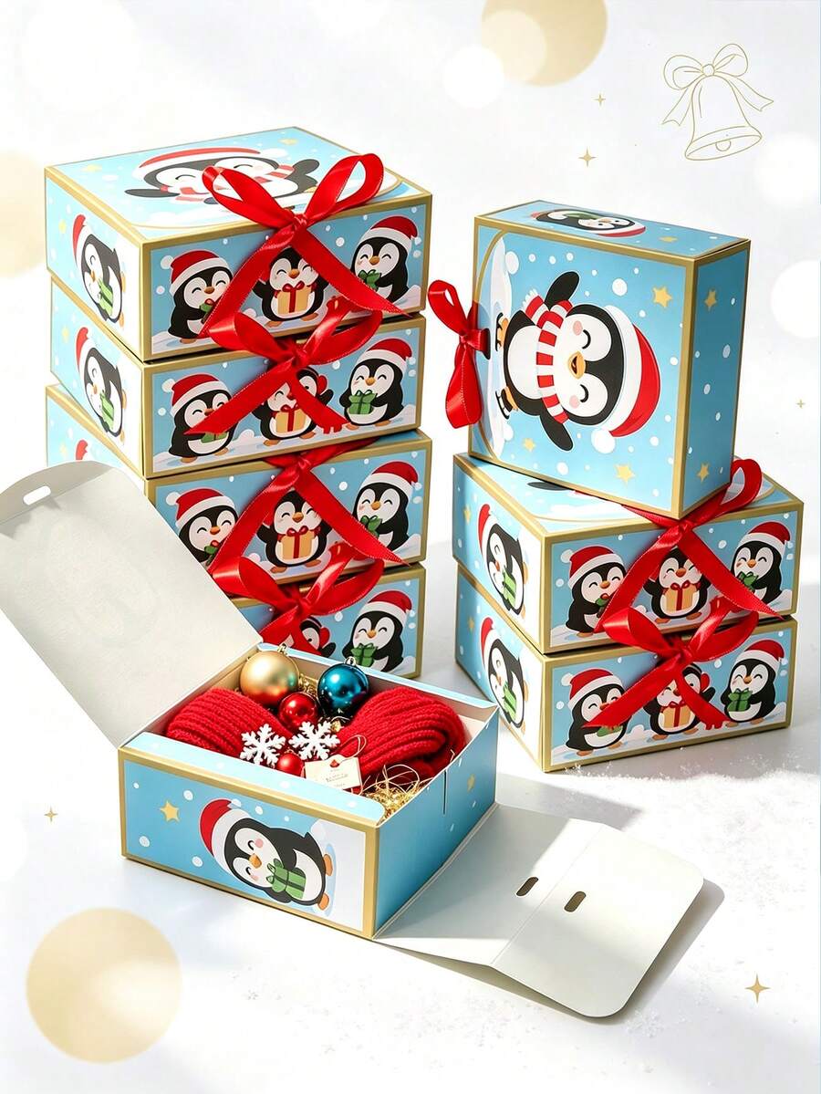 5PCS/Christmas Penguin Gift Box 4.53*4.53*2.36 Inch Foldable Paper Gift Packaging Box Xmas Holiday Party Candy Treat Present Favor Boxes - View 1