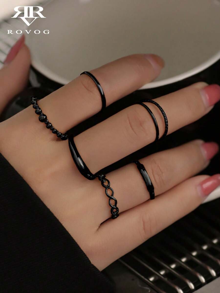 6件組極簡時尚扭轉雙層戒指套組，適合女性日常休閒穿著