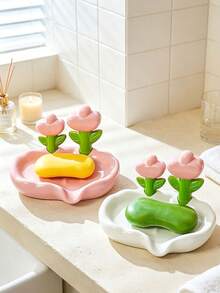 1pc Pink & White Floral Pattern Soap Dish, Flower-Shaped Soap Holder With Slanted Drainage Design, Bathroom Countertop Soap Storage Decor, Home Daily Use - Multicolor - View 7