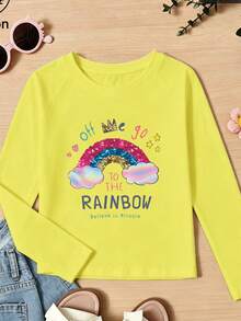 Girls Cotton Raglan Long Sleeve Tee For Fall Winter, Cartoon Rainbow Print With Clouds, Crown, Stars & Hearts, Sweet Preppy School Style - Bright Yellow - View 3