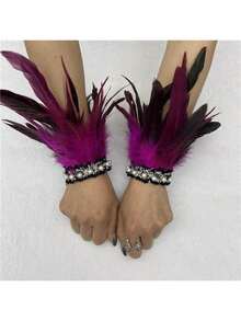 2pcs Peacock Blue Feather Wrist Cuffs With Faux Pearl Decor, Suitable For Halloween Party Cosplay Women's Costume Accessory - Multicolor - View 15
