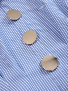 Blue Striped Colorblock Collar Shirt, Cinched Waist Gold Button Top, Elegant Commuter Wear - Blue and White - View 4