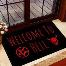 1件裝 暗夜儀式黑色底紅字「Welcome To Hell」手寫主題牛頭與紅星門墊 | 聚酯纖維材質，加厚黏合法蘭絨，0.4英吋厚，580g/Sqm，哥德風美學，適合門廊、入口、車庫 - 紅色 - 查看 8