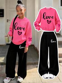 Teenage Street Style Heart & Letter Print Crew Neck Sweatshirt With Printed Wide Leg Pants 2pcs Set, Autumn/Winter Outfit, Campus Style, Homecoming Look - Hot Pink - View 1