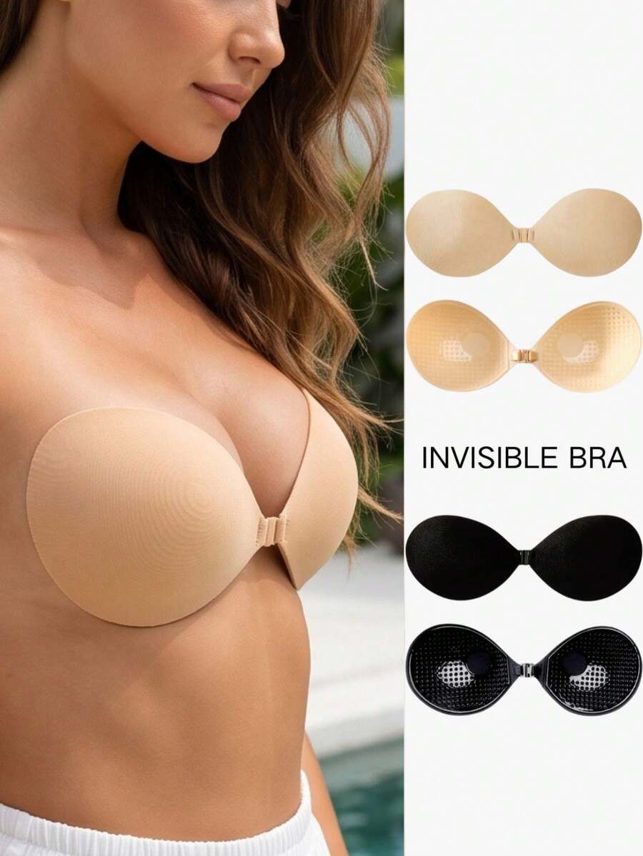 2pcs Invisible Adhesive Bra For Women, Front Closure Push-Up Anti-Slip Breast Pads, Lightweight Seamless Self-Adhesive Lingerie, Suitable For Wedding Dress, Evening Gown, Backless Outfit, Apricot/Black Optional - Multicolor - View 1