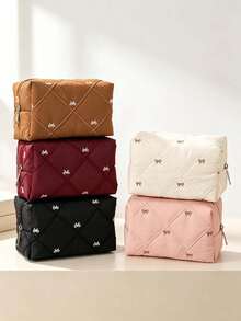 1pc/2pcsChic Style Quilted Cosmetic Pouch, Rectangular Box‑Shaped, Diamond Stitching With Bow Embroidery Detail, Zipper Closure, Cosmetic Storage, Travel Toiletry Bag, Suitable For Daily Makeup Organizing, Weekend Trip, Business Travel, All Season - Multicolor - View 2