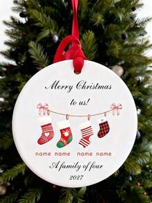1pc Customized Name "Our First Christmas" Family Hanging Ornament, Personalized Ceramic Round Pendant, Stocking Pattern Design, Christmas Tree Decoration, Family Keepsake Christmas Gift - Multicolor - View 8