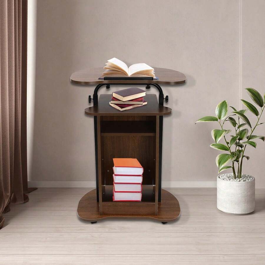 Futchoy Portable Wood Podium Stand Height Adjustable Wheeled Lectern With Storage Shelf - Brown - View 1