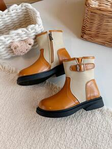 Girls' Patchwork Knit Ankle Boots With Metal Buckle Side Zipper Thick Sole Vintage Fashion Autumn/Winter Versatile Work Boots - Yellow - View 2