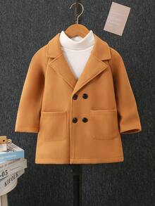 Young Boy Autumn/Winter Solid Color Wool Blend Patch Pocket Button Lapel Casual Jacket - Brown - View 2
