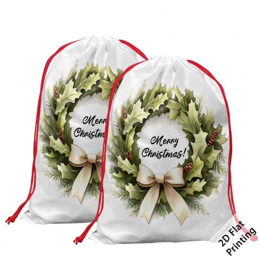 2pcs Christmas Theme Oversized Gift Bags, Christmas Wreath Bow Holly Leaf Gift Box Pattern Print, Can Be Used As Christmas Gift Bags, Decorative Props Yard Storage Bags, Create Christmas Atmosphere, Very Suitable For Holiday Gift Bags, Wedding Packaging, Birthday Party Gift Bags, Etc. - Multicolor - View 1