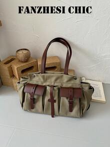 Tote Bag With Multiple Pockets And Buckle Decor, Layered Design With Partitioned Storage For Organized Personal Items, Handheld Style With Vintage Flair, Spacious And Elegant Silhouette, Suitable For Daily Commute And Outings, Easily Matches Various Outfits For A Casual Vibe - Green - View 1
