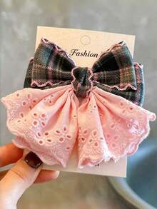 1pc Girls' Autumn/Winter Soft Cute Versatile British Academy Style Dual-Color Plaid Lace Hem Bow Half-Up Hair Clip, Suitable For Matching Clothes, Daily Wear, School Use - Pink - View 2