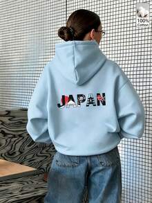 Oversized Women's Sweatshirt For Autumn/Winter, Long-Sleeve Hoodie With Pockets, Casual Top, Y2K Style, Daily Letter Graphic Print, Unisex, Streetwear - Light Blue - View 2