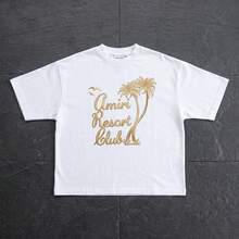 Oversized Fit Crew Neck Short Sleeve Gold Palm Print Resort Club Soft Cotton Comfortable Casual Summer Streetwear - White - View 1