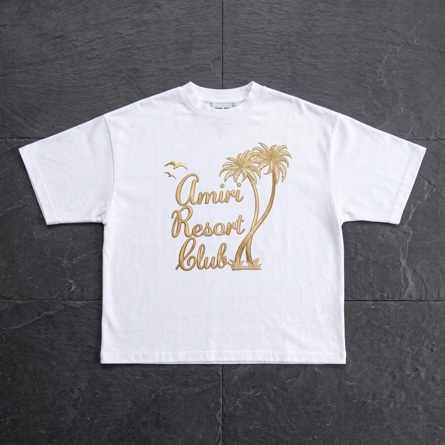 Oversized Fit Crew Neck Short Sleeve Gold Palm Print Resort Club Soft Cotton Comfortable Casual Summer Streetwear - White - View 1