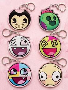 1Pc/6Pcs Bendy And The Ink Machine Cartoon Acrylic Keychain Set, Funny Round Expression Pendant For Backpack, School Bag & Car Keys. - Multicolor - View 3