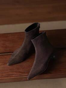 Women's Fashion Minimalist Pointed Toe Kitten Heel Ankle Boots, Brown Back Zipper, Suitable For Daily Outdoor Wear - Black - View 5