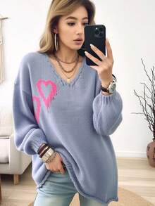 Plus Size Women V-Neck Heart Jacquard Sweater Pink Love Pattern Knit Pullover Long Sleeve Soft Warm Top Autumn Winter Sweet - Gray Blue - View 2