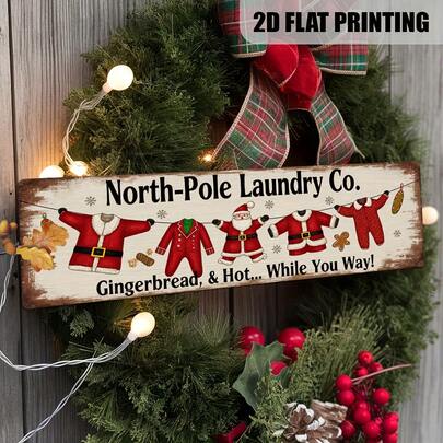 2D Flat 1pc, Arctic Laundry Company Gingerbread Man & Hot Drink... On Your Way! Vintage Christmas Wall Decor Sign, Suitable For Living Room, Kitchen Christmas Decoration Sign & Plaque, 5x16 Inches (Random Style)