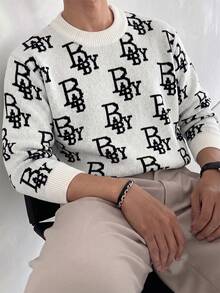 1pc Boys' Cool Personalized Vintage Letter Print Pullover Sweater, Autumn/Winter - White - View 1