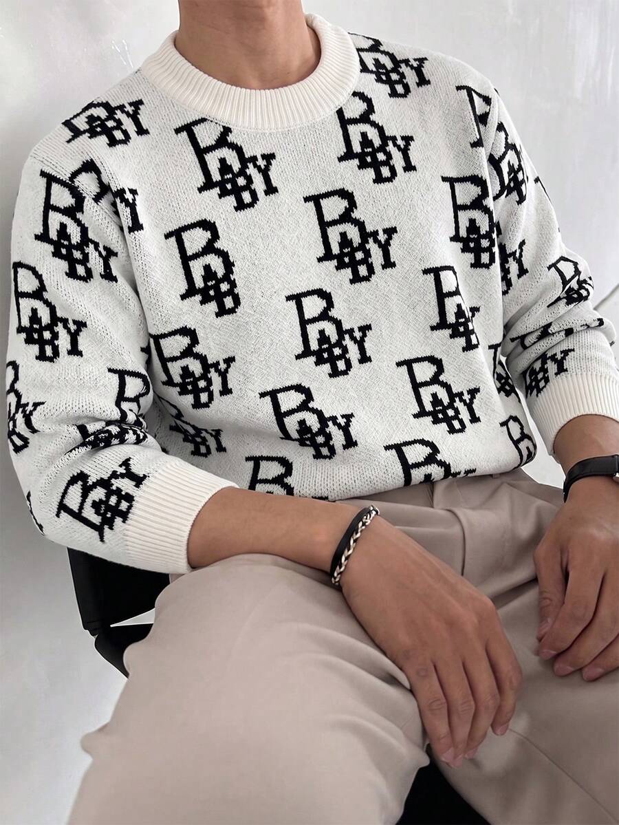 1pc Boys' Cool Personalized Vintage Letter Print Pullover Sweater, Autumn/Winter - White - View 1