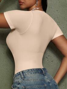 1pc Women's Solid Color Body Shaper Jumpsuit, Tummy Control, Waist Shaping, Slimming Jumpsuit - Apricot - View 10