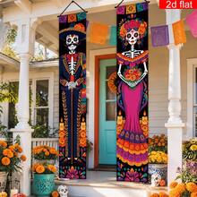 2pcs Mexican Day Of The Dead Porch Banner, Polyester Material, Skull Flower Candle Paper Cut Style Triangular Flag Design, Indoor/Outdoor Use, Home Decor, Front Porch Yard Decoration, Day Of The Dead Party Gathering Decoration - A - View 7