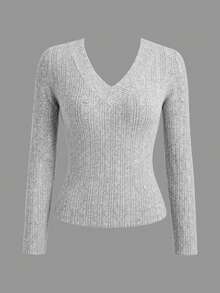 Women's Ribbed Knit V-Neck Long Sleeve Cropped Top, Fashionable Knit Winter Blouse, Comfortable For Daily Wear As Inner Layer Or Outerwear - Grey - View 7