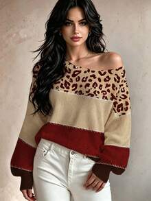 Women's Autumn Leopard Print Colorblock Knit Long Sleeve Pullover Sweater, Off-Shoulder Lantern Sleeve, Lazy Casual Multi-Occasion Outfit - Multicolor - View 12