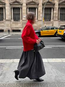 Dirp Noir Women's Autumn French Style Red Loose High Neck Chunky Knit Sweater, Suitable For Commuting, Christmas, Back To School, Halloween - Red - View 9