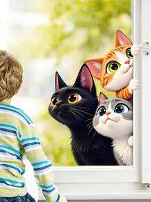 1pc Curious Three Cats Window Sticker, Cute Black, Orange And Grey Kittens, Removable Static Window Decal For Reading Nook Or Bedroom Windowsill With Books, Cottagecore Theme Art, Halloween Home Decor, School Decoration - Multicolor - View 2