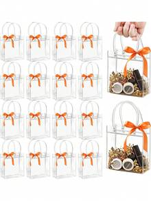 12pcs/6pcs/1pc Clear PVC Gift Bags With Bow, Small Party Favor Bags, Transparent Cookies Candy Goodie Bag, Tote Gift Bag, Perfect For Autumn Wedding, Birthday, Halloween, Thanksgivings Falls Party Supplies - Clear Gift Bag + Orange Bow - View 2