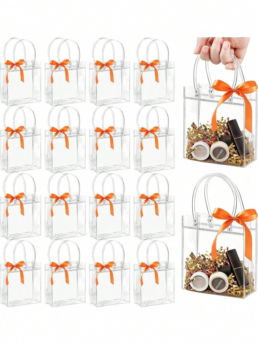12pcs/6pcs/1pc Clear PVC Gift Bags With Bow, Small Party Favor Bags, Transparent Cookies Candy Goodie Bag, Tote Gift Bag, Perfect For Autumn Wedding, Birthday, Halloween, Thanksgivings Falls Party Supplies
