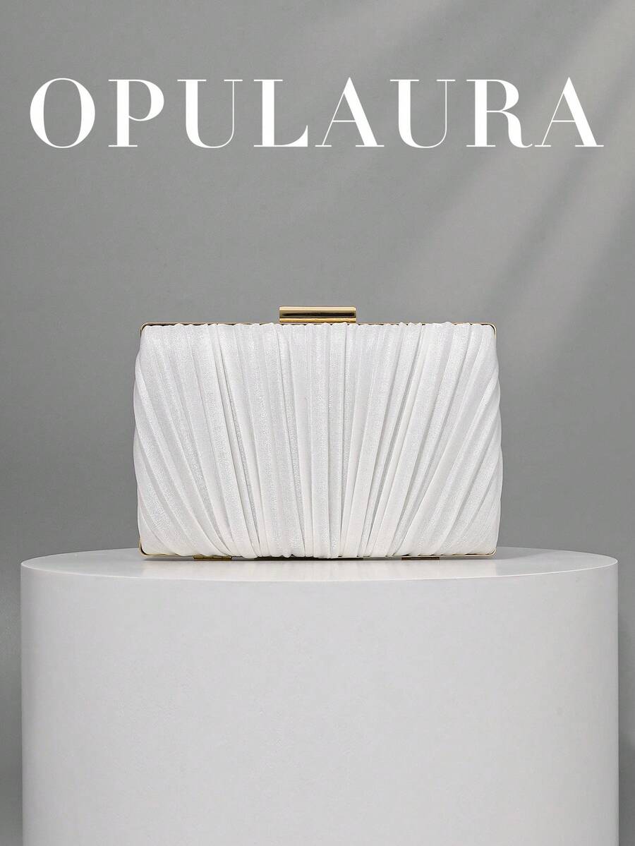 OpulAura 1pc Vintage Elegant Satin Pleated Formal Party Clutch Bag, Charming & Refined Formal Event Handbag, Luxury Box Style Small Purse Suitable For Party/Wedding/Formal Occasion, With Detachable Chain For Shoulder Or Crossbody Wear, White Bag - White - View 1