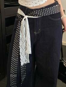 2Pcs Vintage Polka Dot & Lace Sash Belt, Self-Tie Long Ribbon Waist Sash, Retro Decor Accessory For Jeans Dresses Daily Outfits - A - View 3