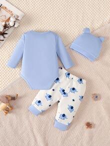 0-12 Months Newborn Baby Boy 3Pcs Cute Elephant Pattern Romper + Pants + Hat Set, Autumn Outfit - Baby Blue - View 2
