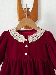1pc Burgundy Velvet Lace Collar Long Sleeve Dress For Baby Girls, Front Button Vintage Palace Style High Waist A-Line Dress - Burgundy - View 4