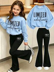 2pcs/Set Girls Minimalist Casual Slogan Print Crew Neck Sweatshirt & Flared Pants Outfit, Autumn/Winter Fashion Comfortable New Style - Multicolor - View 1