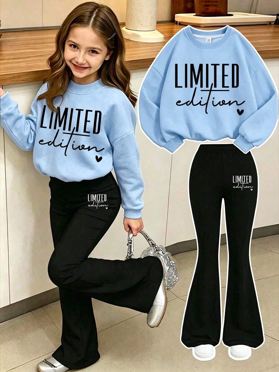 2pcs/Set Girls Minimalist Casual Slogan Print Crew Neck Sweatshirt & Flared Pants Outfit, Autumn/Winter Fashion Comfortable New Style - Multicolor - View 1