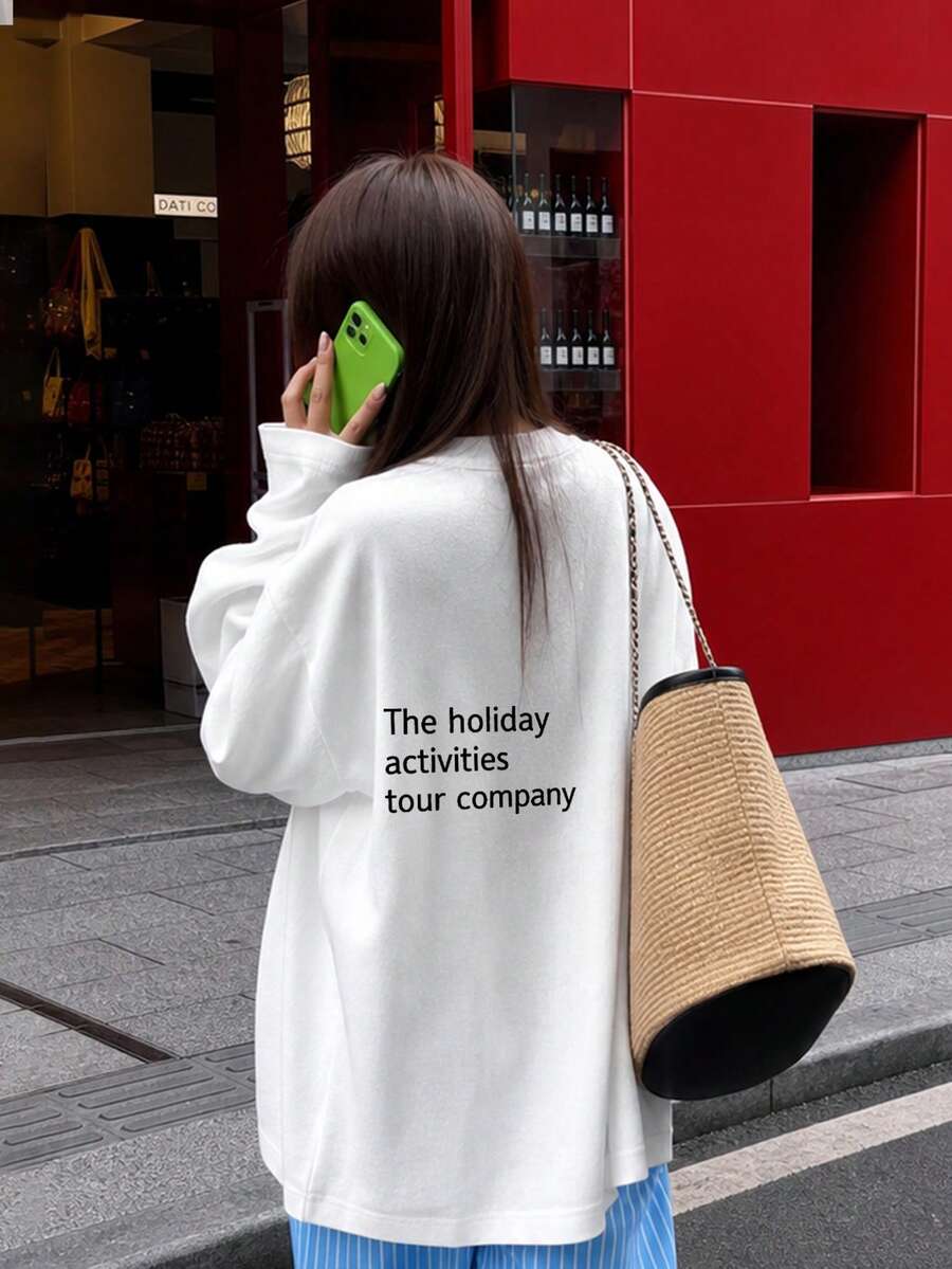 女款時尚秋冬寬鬆百搭字母印花長袖T恤休閒風 - 白色 - 查看 1