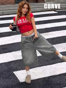 Spring/Summer New European And American Streetwear Style Mid-Waist Non-Stretch Loose Casual Plus Size Women Denim Shorts - Light Grey - View 4