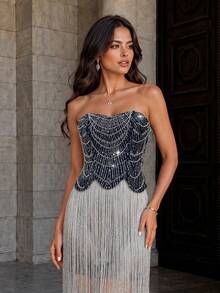 VIPGIRL Silver Navy Beaded Corset Fringe Maxi Dress Strapless Rhinestone Lace Up Tassel Overlay Bodycon Mini Evening Prom Cocktail Birthday Party Dress - Royal Blue - View 6
