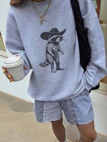 Women's Autumn/Winter New Simple Ins Style Raccoon Graphic Round Neck Casual Pullover Sweatshirt - Fashionable & Versatile, Gray Spring - Dark Gray - View 3